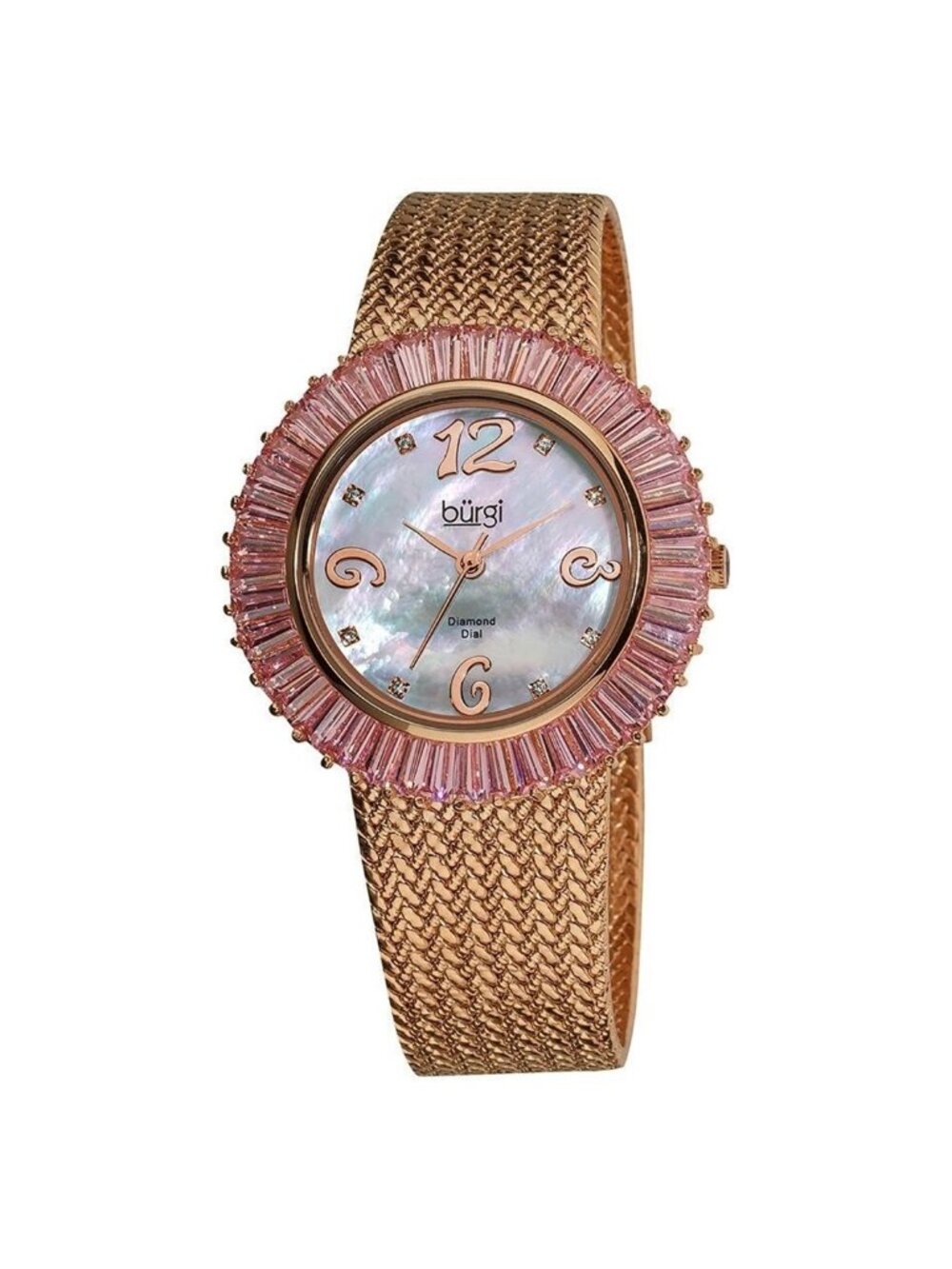 NWT Burgi Faceted Crystal Bezel Mother of Pearl Dial Ladies Watch